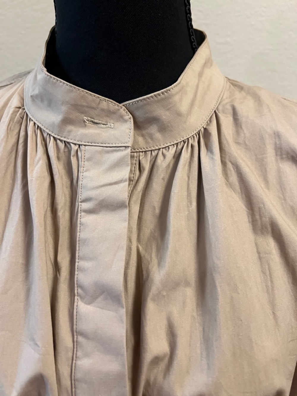 Gracia Beige Shirt Dress Ruched Sleeve Belted Mini/Midi Cotton Sz S - Picture 5 of 6